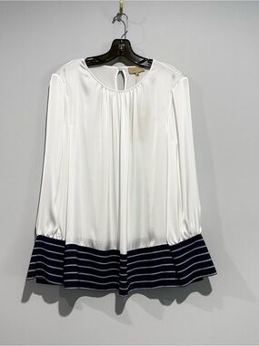 NWT Ports Women's White Long-Sleeve Blouse with Navy Stripe Hem Size 10